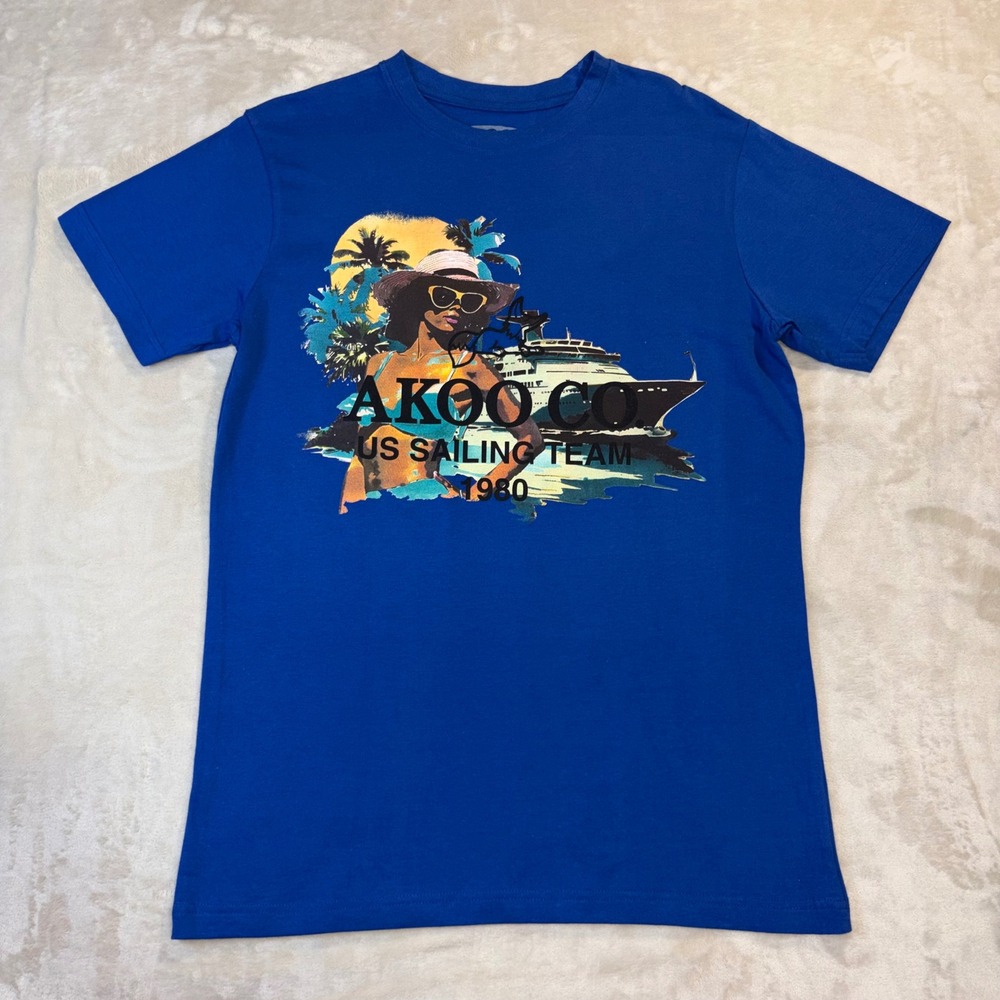 AKOO Mens US Sailing Team 1980 Graphic T-Shirt Blue Yacht Club Tee SM NEW
